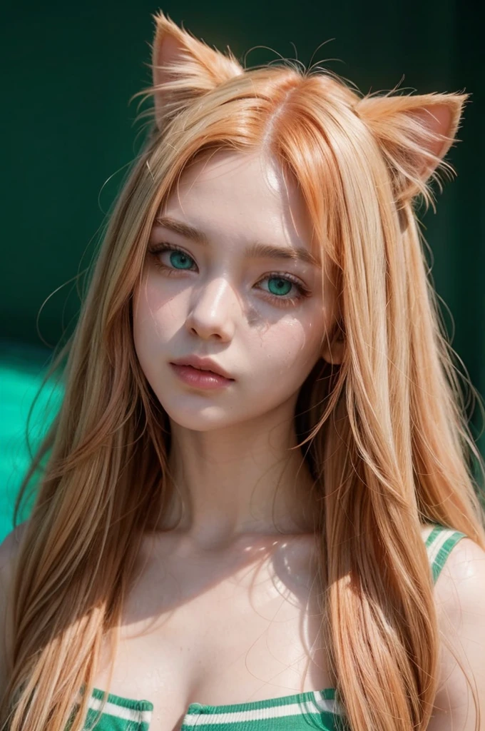 Generate a realistic demihuman character, with a cat&#39;s face and a woman&#39;s body.
Facial Features: face of a white cat with stripes, greeneyes, orange snout Hair characteristics: long flowing hair, slightly wavy and with a little volume. From the top of the head to the middle, the color is pool green, mixed with other shades of green, and the lower half of the hair, the color is orange mixed with shades of pink Body characteristics: Woman&#39;s sexy body, na cor branca, with some cat hair and stripes Clothing features: Some parts are golden armor Background features: mystic