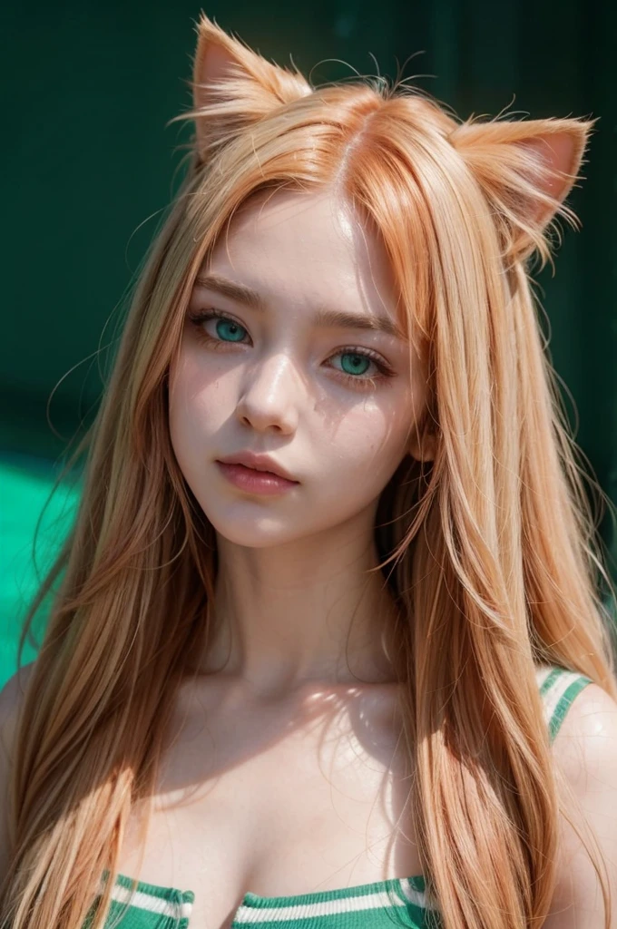 Generate a realistic demihuman character, with a cat&#39;s face and a woman&#39;s body.
Facial Features: face of a white cat with stripes, greeneyes, orange snout Hair characteristics: long flowing hair, slightly wavy and with a little volume. From the top of the head to the middle, the color is pool green, mixed with other shades of green, and the lower half of the hair, the color is orange mixed with shades of pink Body characteristics: Woman&#39;s sexy body, na cor branca, with some cat hair and stripes Clothing features: Some parts are golden armor Background features: mystic