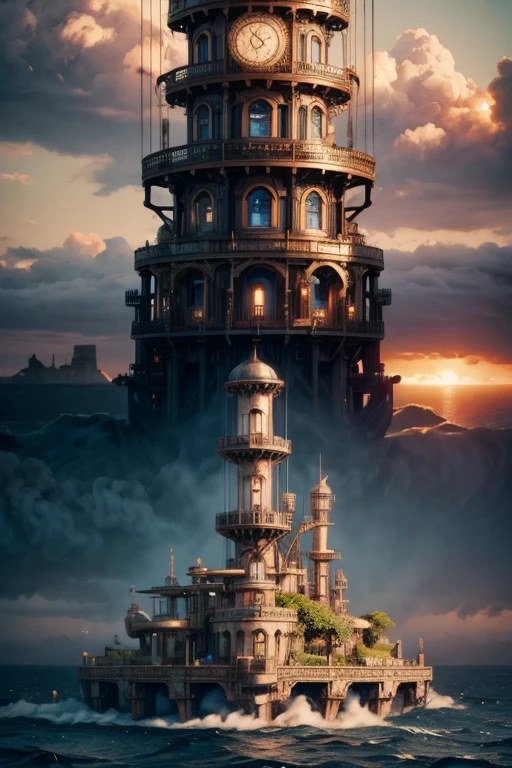 Steampunk island, Gears and steam Island, Brass tube Island, Victorian Island, blue ocean surrounding the island, steampunk atmosphere, Early Industrial island, steam clouds and smoke, Island in the ocean, digital art, intricate details, 8k, photorealistic, hyperrealistic, cinematic lighting, dramatic lighting, high quality, intricate details, masterpiece, digital art