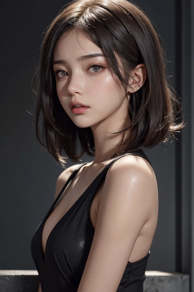 20-year-old woman, Dark Theme, Calm tone, Calm colors, High Contrast, (Natural skin texture, Hyperrealism, Soft Light, sharp),Shortcuts, Open your mouth a little, Textured skin, Highlight color hairstyle, Gradient color hairstyle, Bob Hair, headphone,He's not looking at me.,Looking into the distance