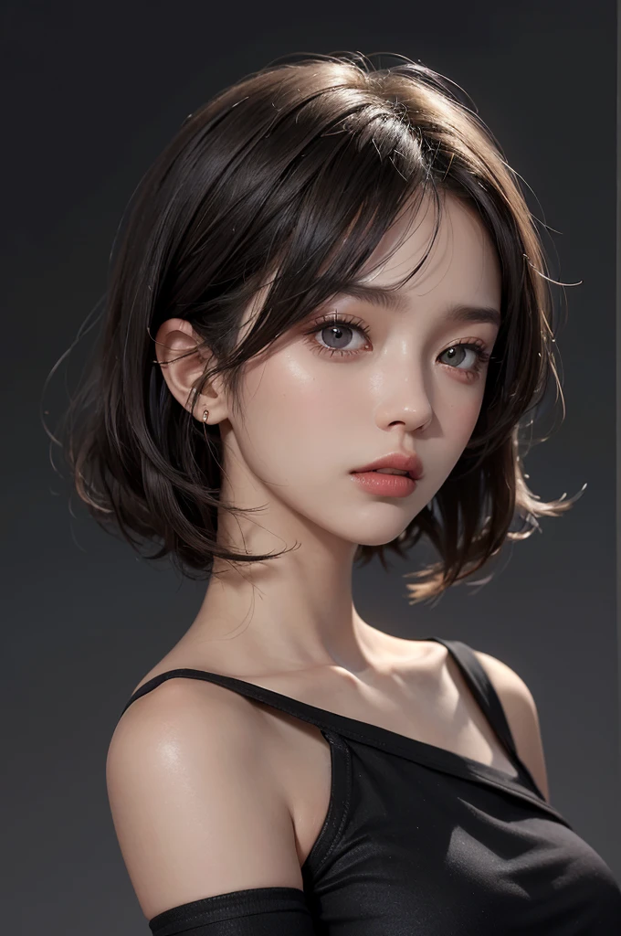 20-year-old woman, Dark Theme, Calm tone, Calm colors, High Contrast, (Natural skin texture, Hyperrealism, Soft Light, sharp),Shortcuts, Open your mouth a little, Textured skin, Highlight color hairstyle, Gradient color hairstyle, Bob Hair, headphone,He&#39;s not looking at me.,Looking into the distance