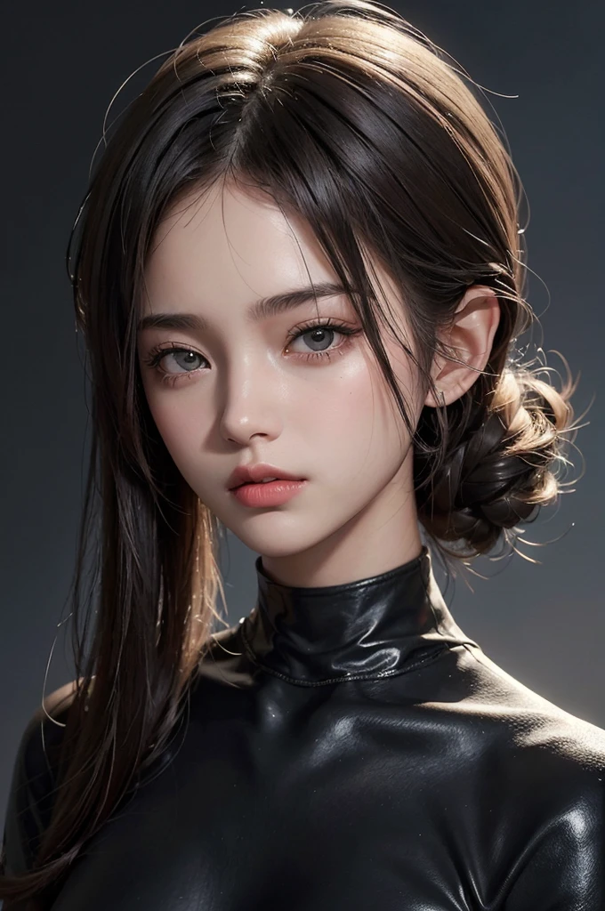 20-year-old woman, Dark Theme, Calm tone, Calm colors, High Contrast, (Natural skin texture, Hyperrealism, Soft Light, sharp),Shortcuts, Open your mouth a little, Textured skin, Highlight color hairstyle, Gradient color hairstyle, Bob Hair, headphone,He's not looking at me.,Looking into the distance