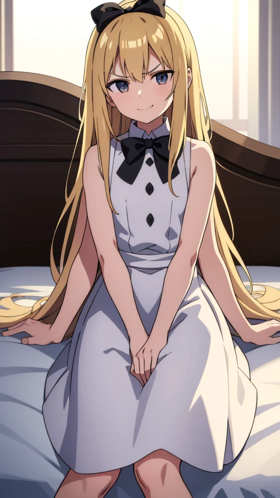 (1girl,12 years old),blonde hair,long hair,white dress, sleeveless,black bow tie, bare shoulders,smile,angry,looking at view,extra arms,sitting on a bed in a room