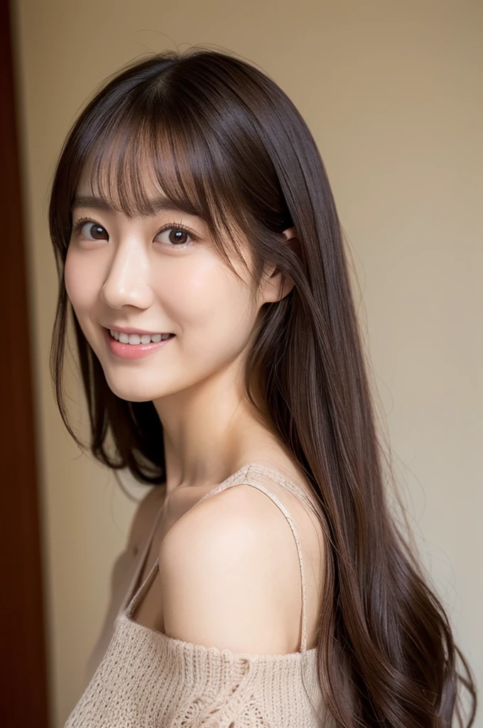 (Highly realistic photos, High resolution, Detailed face, Fine grain), ((Shooting in the room))、Japanese women, 20-year-old, A variety of expressions, alone:1, Slim figure, Round eyes、Various hairstyles, Casual clothing, 写真の中でalone、Selfie、Photographed in natural light、Simple Necklace、Spring Clothes、Looking at the camera、profile、Dark Brown Hair Color、The chest is visible、smile