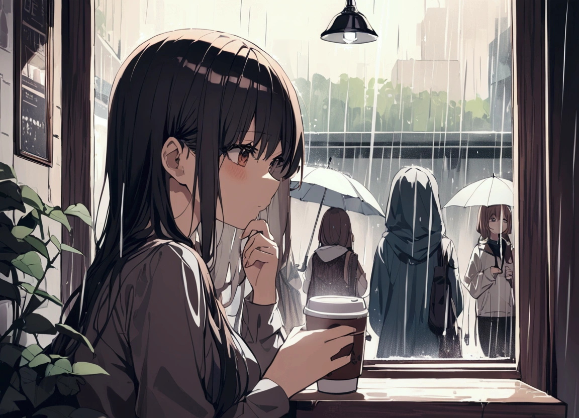 high resolution、high quality、One girl、Inner Color、The girl is in the coffee shop、Girl looks out the window、Bored look、Beautiful Hair、Beautiful appearance、Drinking coffee、2One Coffee、Unrelenting Rain、Heavy rain outside and passersby with umbrellas、Waiting for him