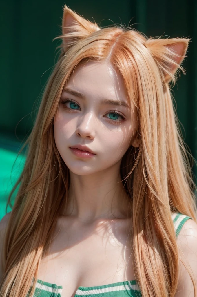 Generate a realistic demihuman character, with a cat's face and a woman's body.
Facial Features: face of a white cat with stripes, greeneyes, orange snout Hair characteristics: long flowing hair, slightly wavy and with a little volume. From the top of the head to the middle, the color is pool green, mixed with other shades of green, and the lower half of the hair, the color is orange mixed with shades of pink Body characteristics: Woman's sexy body, na cor branca, with some cat hair and stripes Clothing features: Some parts are golden armor Background features: mystic SMILING, eyes locked