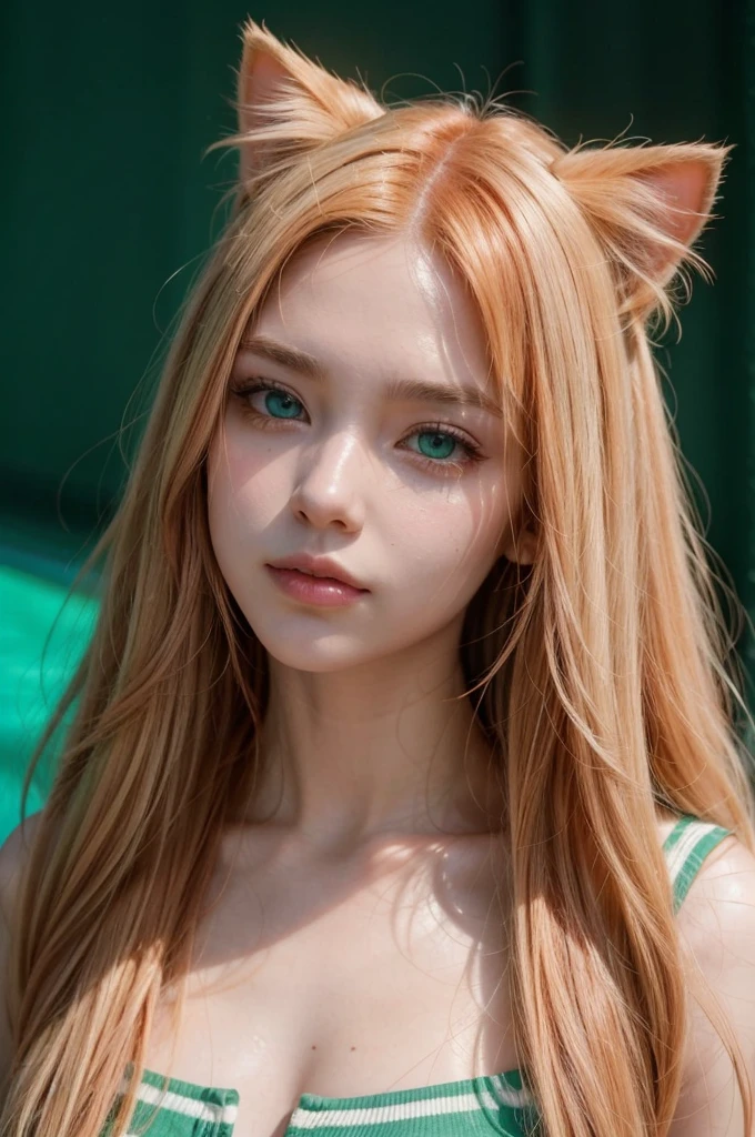 Generate a realistic demihuman character, with a cat&#39;s face and a woman&#39;s body.
Facial Features: face of a white cat with stripes, greeneyes, orange snout Hair characteristics: long flowing hair, slightly wavy and with a little volume. From the top of the head to the middle, the color is pool green, mixed with other shades of green, and the lower half of the hair, the color is orange mixed with shades of pink Body characteristics: Woman&#39;s sexy body, na cor branca, with some cat hair and stripes Clothing features: Some parts are golden armor Background features: mystic SMILING, eyes locked