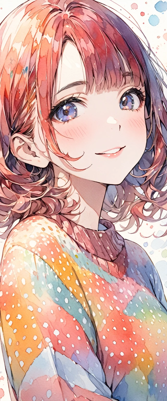 (masterpiece, best quality:1.2),illustration art,watercolor,Kusama Yayoi's style,a beautiful girl,Skin detail processing,The eyes are very detailed,sweater,(((Speckled pattern))) , smile