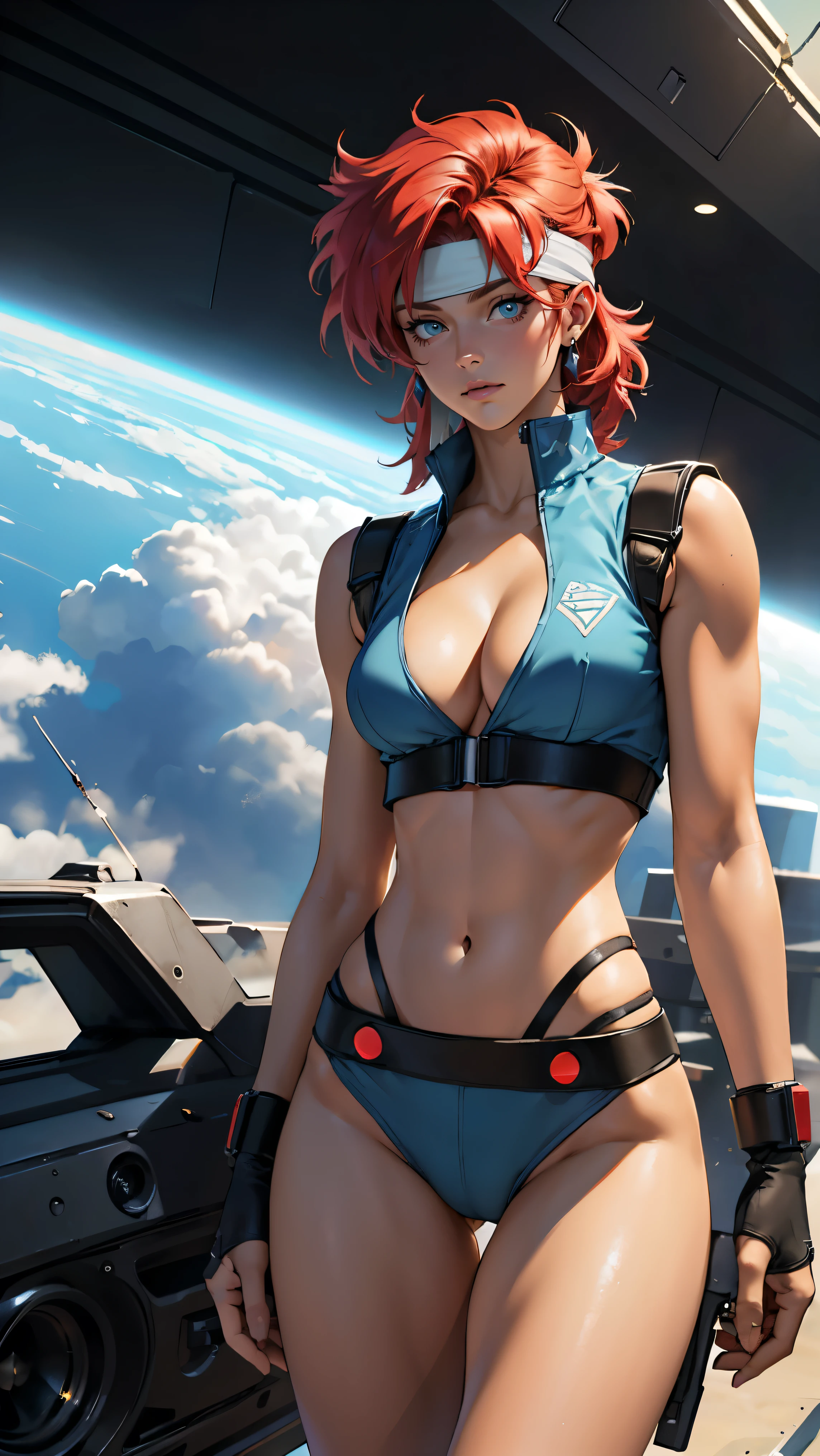 ((Masterpiece, highest quality; 1.3)), super quality, beautiful detail, super detailed, extra fine, 16K, exquisite, absurd, high resolution, beautiful background, detailed background, beautiful eyes, beautiful skin, anime style, Kay from Dirty Pair in a white outfit, tight outfit, cleavage, bushy redhead beauty, very light blue uniform, wearing tight clothes, skimpy, (mid chest: 1.2), cleavage, cleavage, slim waist , thin waist, slim thighs, thin legs, slim legs. thigh gap, showing stomach, skinny, thin hips, cyberpunk city background, holding retro space gun , headband,