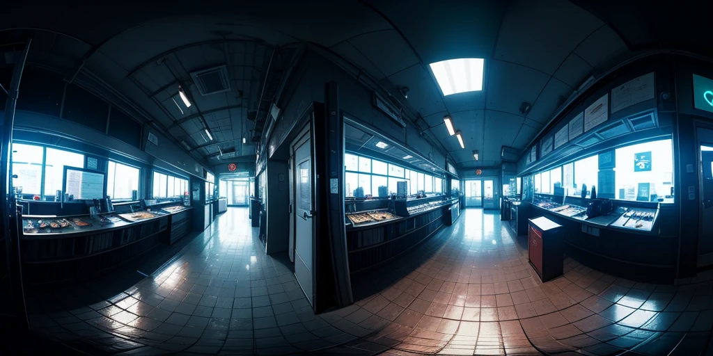 Equirectangular 360-degree panorama view photo with left and right ends seamlessly connected. first person, ((darkness)), fantasy, in a wasted mall