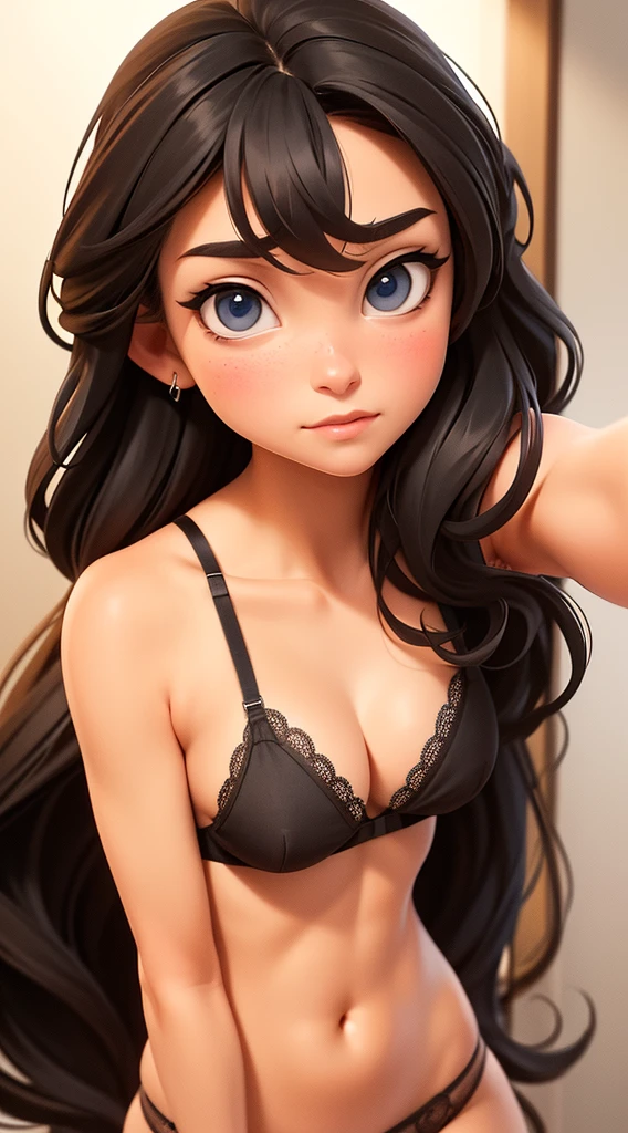 very long hair, pony tail, black hair, blue eyes, wears a bra , pink sexy panties with lace, realisti), medium sized breasts, very pretty and beautiful, a sexy selfie for your master
