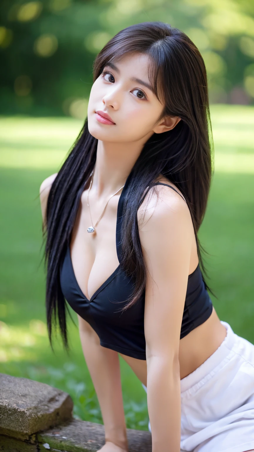 real picture，（lifelike， high resolution：1.3），（whole body：1.5）， （1 girl with a perfect figure：1.4）， Delicate facial features，Double eyelids，Long eyelashes，Tall nose，Wear a necklace，Long hair，Lean abdominal muscles：1.1 ，Random color T-shirt：1.2，Shorts of random color，（black：1.5）， Big ， A little cleavage