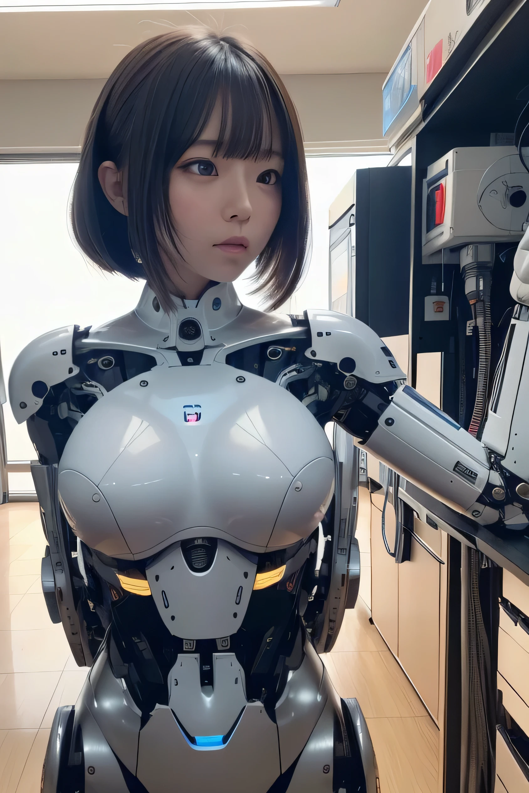 masterpiece, best quality, extremely detailed, Japaese android girl,Plump ,control panels,android,Droid,Mechanical Hand, Robot arms and legs,Blunt bangs,perfect robot girl,long tube,thick cable connected her neck,android,robot,humanoid,cyborg,japanese cyborg girl ,robot-assembly plant,She has assembled now,assembly scene,chest monitor,blue eyes
