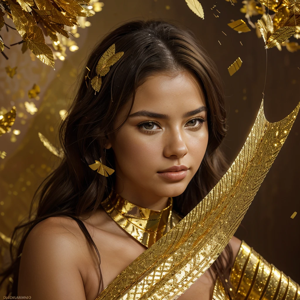 adriana lima, thick brown hair, hot , Ukrainian girl, wavy brown hair, Dasha Taran, pretty beautiful brunette, (solo one girl : 2.0), gold leaf art:1.5.Made of platinum,Golden mask,statue,Flowing golden sands,Still Life Table Setting,dark background,Woman portrait sculpture,look up,Golden butterfly on cheek,Hollow butterfly wings,Gold Crumbs,Gold particleodern style, High resolution, artwork,Advanced complex technology,(((Gold confetti falling in the air,Gold foil confetti:1.5)))