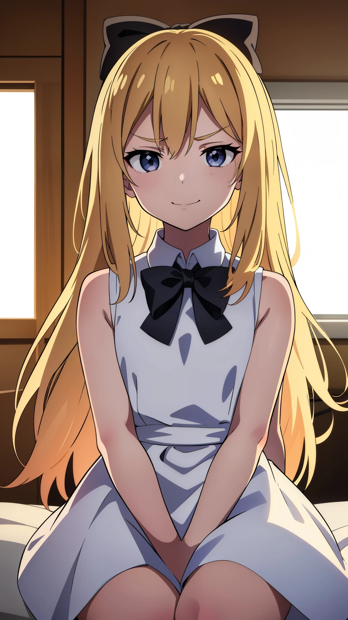 (1girl,),blonde hair,long hair,white dress, sleeveless,black bow tie, bare shoulders,smile,angry,looking at view,extra arms,sitting on a bed in a room