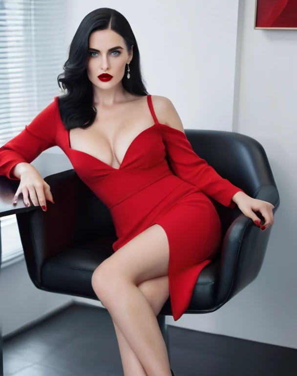 A dark black hair woman, extremely white with dark blue eyes, red lips, inspired by the actress Ellen Fanning, sitting at a meeting table as if she were the boss, she is wearing a red dress, black lipstick, beatiful girl, open cleavage, big breasts, sexy long legs, long legs, legs with high heels, sexy pose, seductive look
