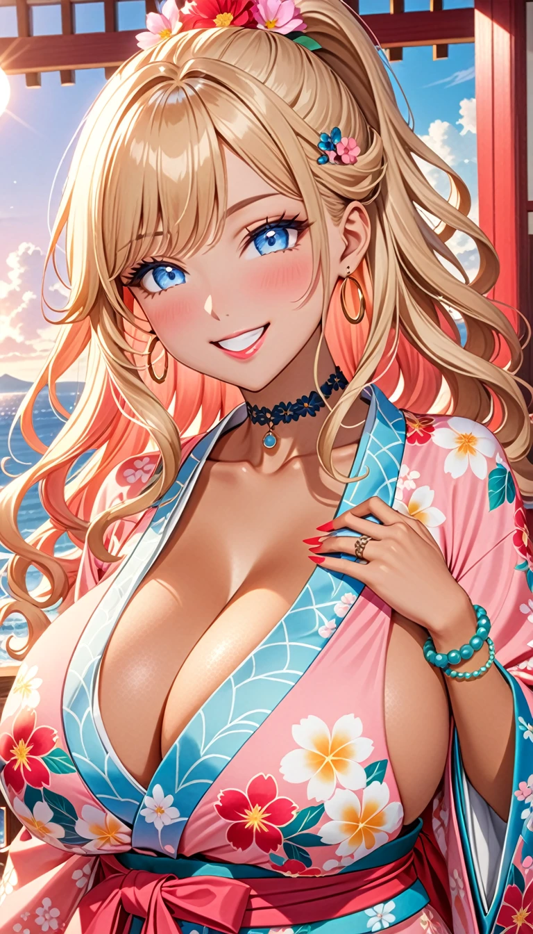 ultra-detailed, ((one girl)), (portrait), (tan skin:1.4), in pastel colors gyaru, (heavy makeup), (professional lighting) hyper detailed, absurdres, 8k, Beautiful Face, (Laugh shyly), ((teasing smile:1.6)), ((happy smile:1.5)),  ((Wink:1.5)), (Laugh with your mouth wide open),((Tilt your face:1.6)), View your viewers, ((Bright red cheeks:1.6)),Glossy shocking pink lips, ((huge breasts:1.6)),  ((undressing:1.2)), ((Her tattoo peeked through her kimono:1.2)), noon, summer, Sea view terrace, ((Anime style background)),masterpiece, Highest quality, (Brighten your face), so beautiful,Latest, Complex details, ((fluorescent pink long nail:1.2)), (ring),(bracelet), (Floral Choker),AI-generated, Complex,High resolution, Highest quality, super high quality,3D Images、3D Images,One person, (blond long hair), (High Ponytail), (wavy hair:1.4), Anime woman posing for a photo, ((Fine grain、blue eyes、glowing eyes:1.4)), (Squint your eyes:1.1),a hyperRealistic , hyperRealistic , Realistic,Anime woman with long honey blonde hair, Smooth anime CG art, A girl in a gorgeous pastel-colored kimono, ((Pastel-colored furisode)),(Pink large floral pattern),  (sideboob), Long flower hair ornament,large gold hoop earrings, Mature Body, tall,Narrow waist, front view,((dutch angle)), (upper body), Place your hands near your face,