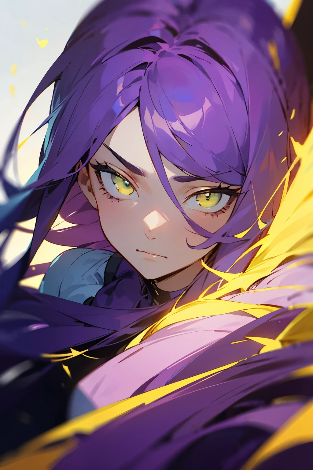 ((melhor qualidade)), ((obra de arte)), (detalhado), Male, long hair, purple hair, green eyes, glowing eyes, purple clothes, teasing expression, flirty