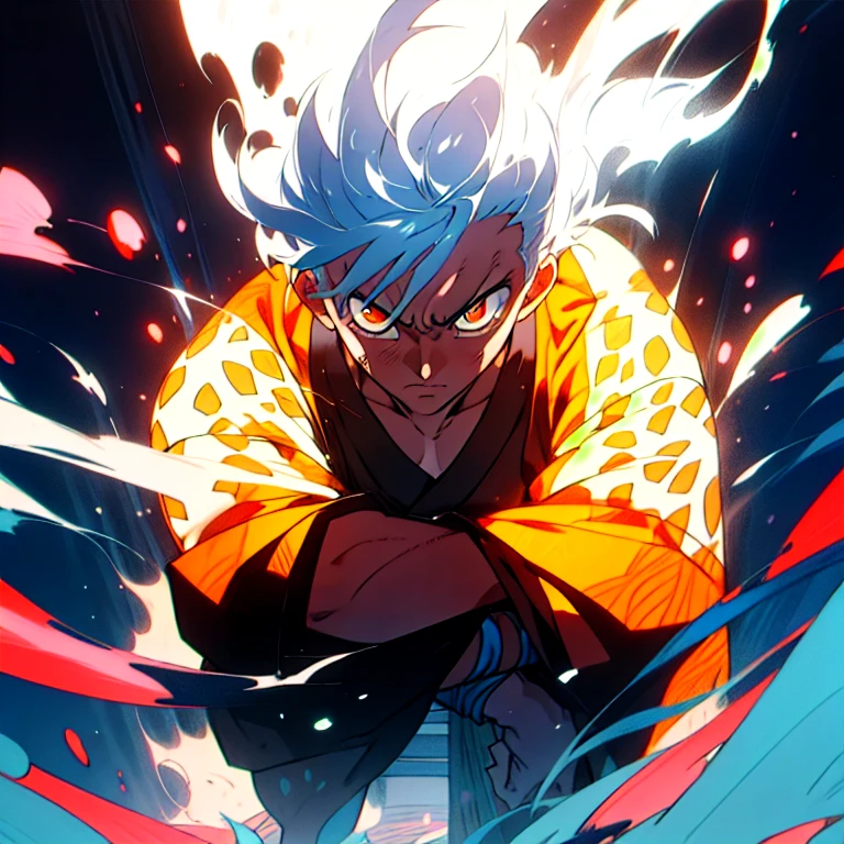 japanese man, white hair, yellow eyes, red eyeliner, torn japanese dameged kimono, monk pose, background light particles, hyper detailed, 8k, masterpiece, digital painting, cinematic lighting, dramatic, fantasy, moody, rosto em hd, peitoral a mostra, musculos 