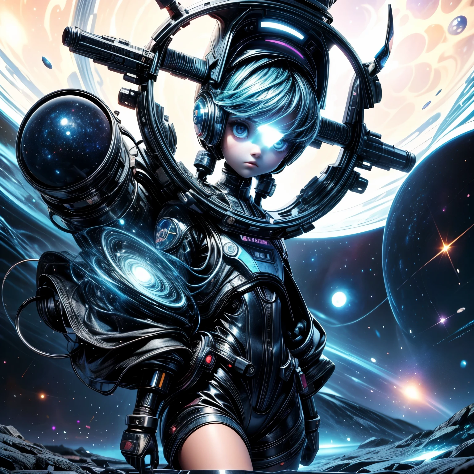 appearence a 13 years old teenage girl,calm,quiet,cute,pretty,full body,looking ahead,serious look,cosmic space background 
