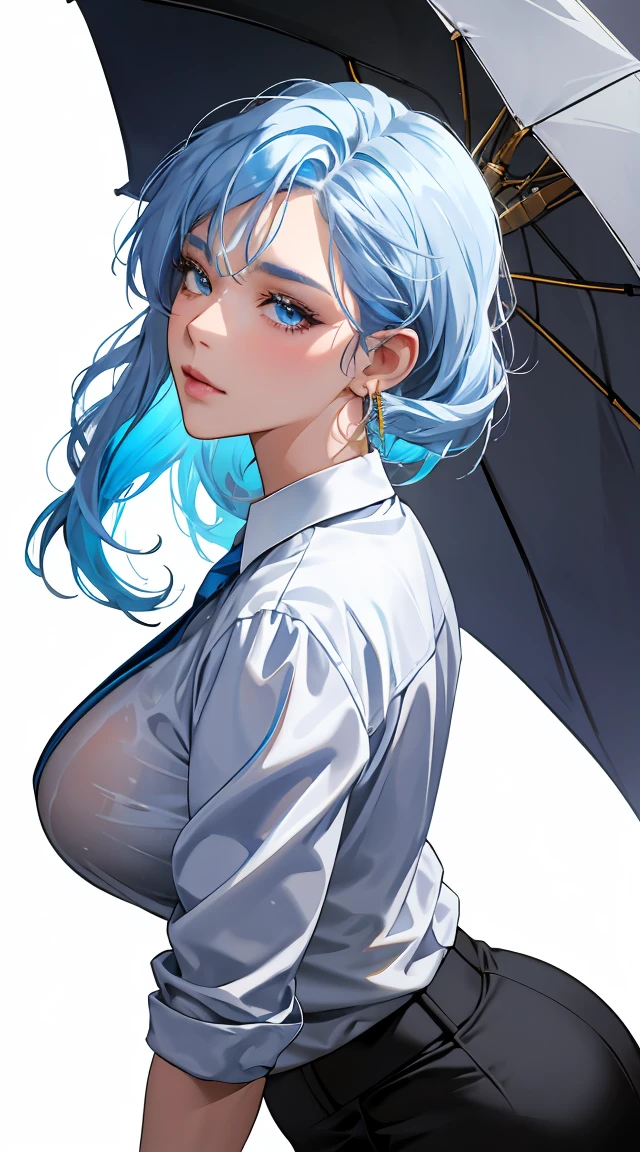 (best quality:1.5, highres, UHD, 4K, detailed lighting, shaders), white and blue haired, gradient hair, large breasts, suit, gray shirt, social shirt, short skirt, mature woman , (pov), white background, colorful eyeshadow, dramatic lighting, sparkling eyes, sensual expression, golden earrings, flowing hair, delicate facial features, dark skin, high cheekbones, raining, urban setting, white background, dont look for the camera, lean forward, view from behind, wet by the rain.