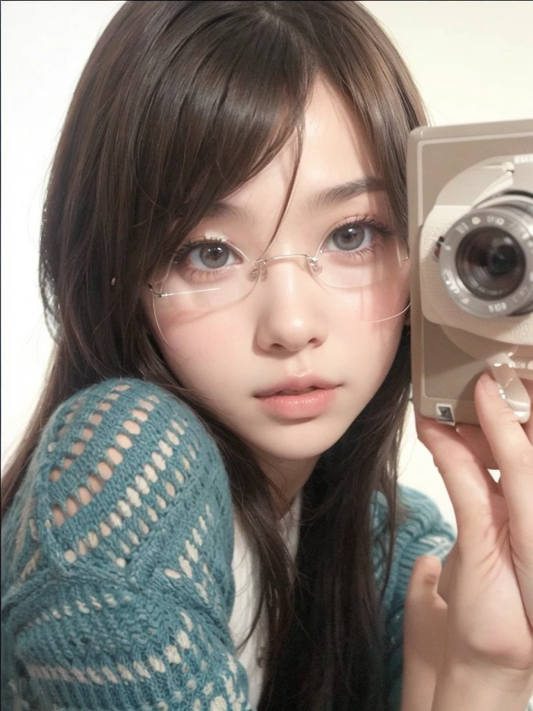 uzzlang girl, straight brown hair, glasses, holds a camera.