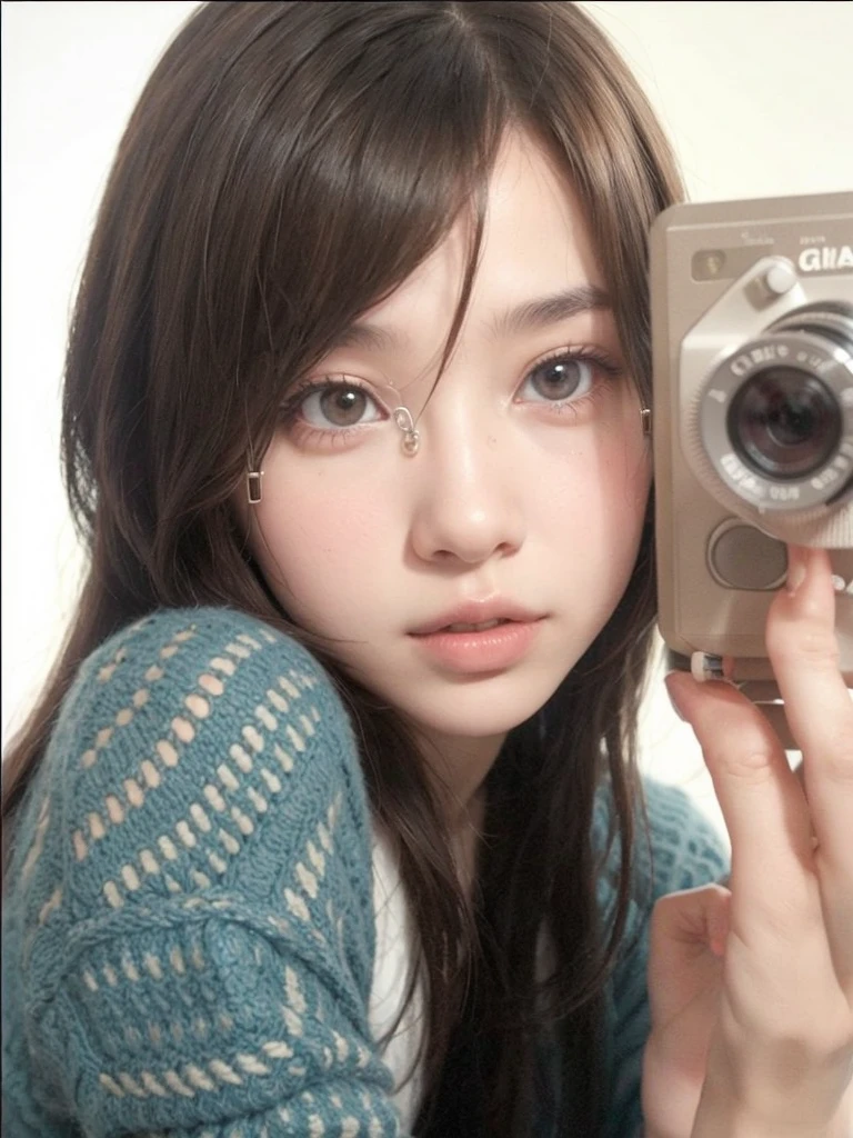 uzzlang girl, straight brown hair, glasses, holds a camera.