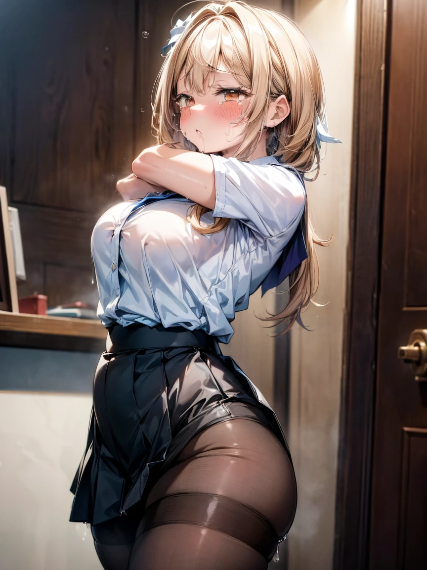 (One very small girl, A fat middle-aged man:1.2), 破れたpantyhose, pantyhose, White shirt, Pencil Skirt, blush, French kiss, hug, Big Breasts, office, Very detailed, High resolution, 4K, masterpiece, High resolution、(tears:1.4)、