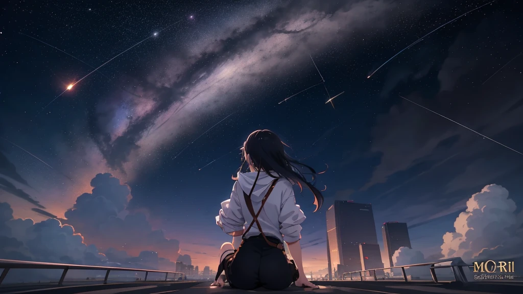 Vast landscape photography, Girl Standing On The Street, Huge building, In the heart of the city, In the heart of downtown, Skyrise, Look up at the sky, shooting star, fire Fly, dream, Makoto Shinkai Cyril Rolland, Space Sky. by makoto shinkai, 4k anime wallpaper, anime wallpaper 4k, anime wallpaper 4k, anime art wallpaper 4k, anime art wallpaper 4k, Sitting on a cloud in space, Anime Art Wallpapers 8K