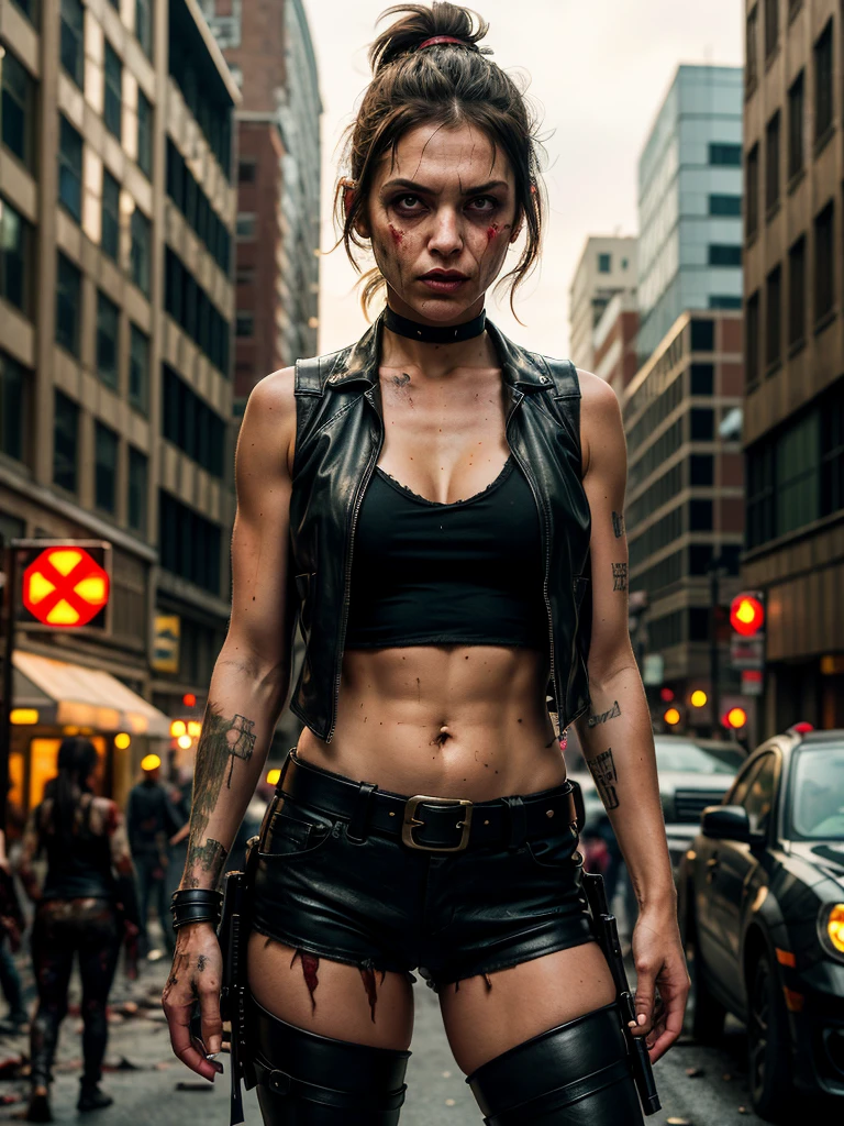 Gloomy girl, brunette, ponytail hairstyle, (zombie hunter, leather vest, torn black T-shirt, military pants, belt with holster), in a zombie hunter costume, neckline, standing against the backdrop of destroyed streets, looking at the viewer, ((crowd of zombies on background)), moody lighting, dim light, depth of field, bokeh