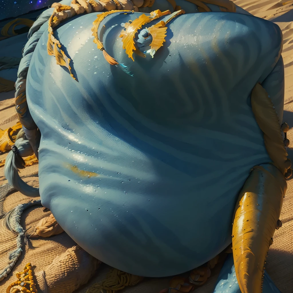 ((ultra detailed, masterpiece, absurdres, 8K, best quality, high quality))
avkiri, (blue skin), (colored skin), (yellow eyes), 1girl, solo, long hair, black hair, green eyes, braid, monster girl, realistic, nipples, topless, dark blue areola, lean body, flat chested, small breasts, big perky areola, shy, thick detailed nipples, portrait, full giant moon, moonlit, starry sky, nighttime, moon lit ocean, sitting on sand, spread legs, close up, chest focus, alien moon, hands on legs, long tail, tail wrapped around leg, kneeling,
