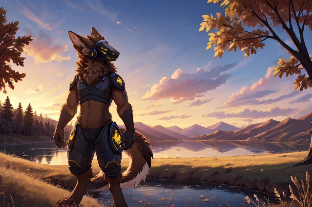 (very detailed illustration: 1.2), best quality, masterpiece, solo, natural lighting, protogen, (protogen face: 1.1), (protogen visor: 1.1), brown tail, torso, yellow eyes, dark brown fur, brown fur all over the body, dark brown hair, brown fur, full body ,he is standing, he is in a grass field, in front of it there is a beautiful landscape with a long river and lake with a lot of vegetation and it is a beautiful day, landscape