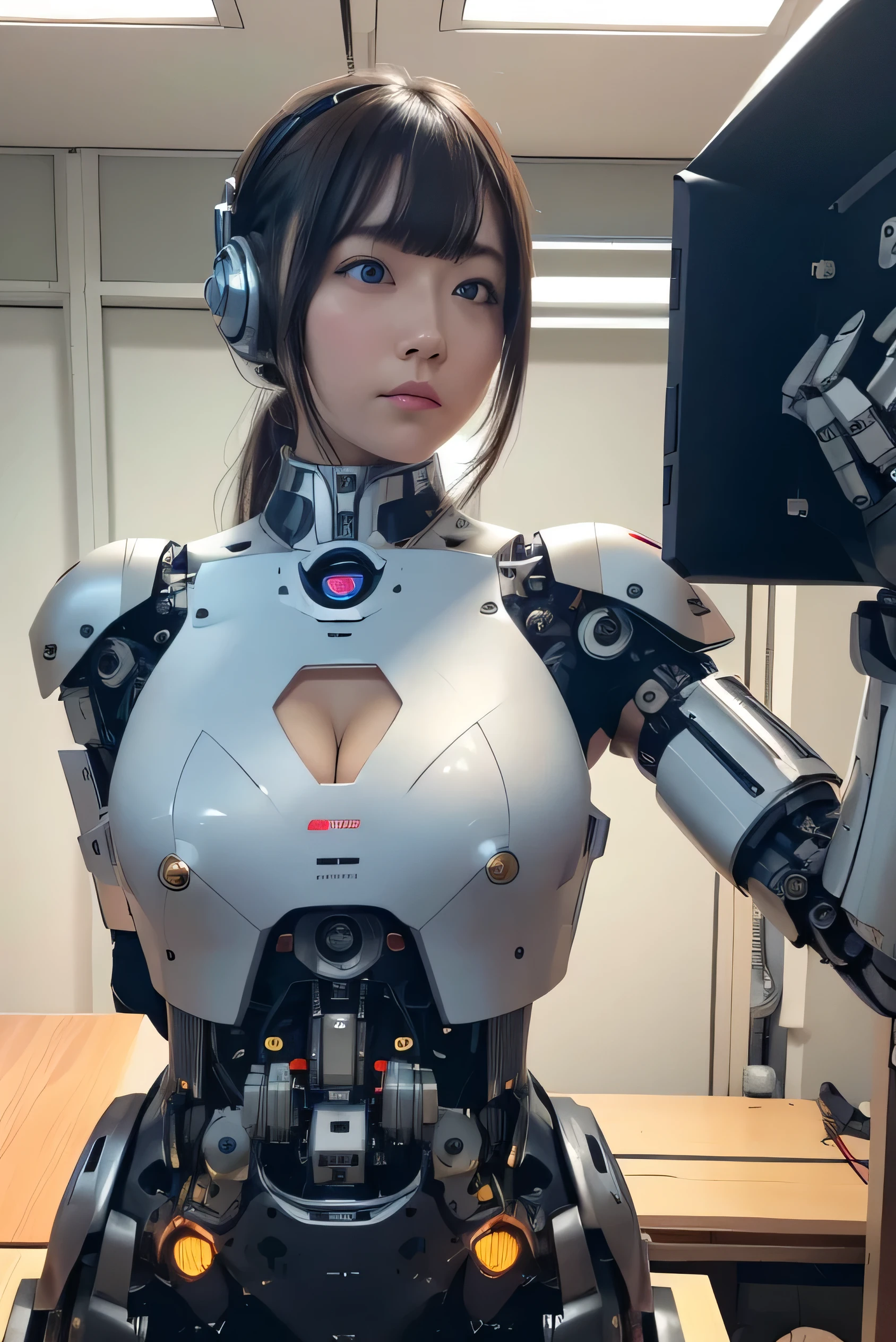 masterpiece, best quality, extremely detailed, Japaese android girl,Plump ,control panels,android,Droid,Mechanical Hand, Robot arms and legs,Blunt bangs,perfect robot girl,long tube,thick cable connected her neck,android,robot,humanoid,cyborg,japanese cyborg girl ,robot-assembly plant,She has assembled now,assembly scene,chest monitor,blue eyes