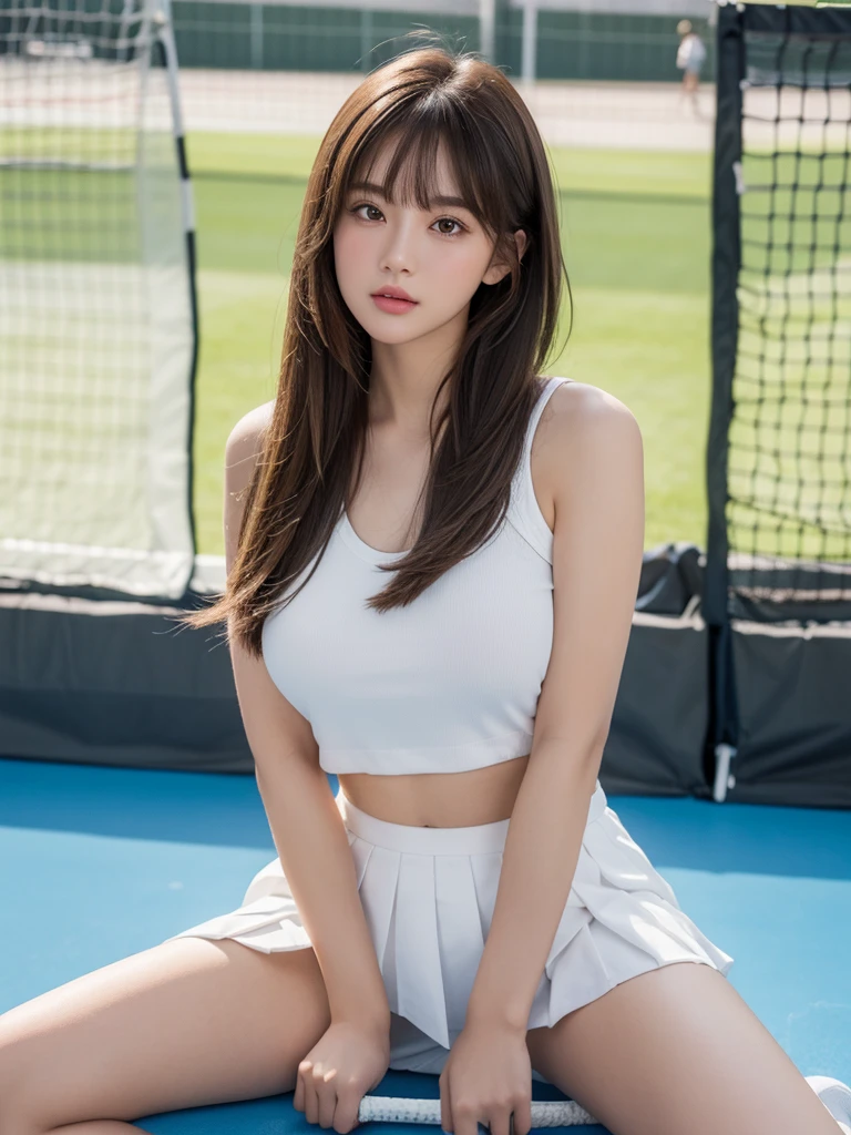 White tennis wear, tennis racket, Tennis ball, Tennis court, (Highest quality) , ((Very detailed)) , 4K , (8k) , masterpiece, Very detailedな, Highest quality, Super Resolution, 1 person, Crying a little, Soft Light, RAW quality, Soft Skin, 152cm , 20-year-old girl, Cute type, Big Natural Color Lip, Positive, Spread your legs, (Provocative dynamic pose) , (Perfect figure)Beautiful feet, Voluptuous thighs, Soft long hair, bangs, Brown Hair, 1 personの女の子, Highest Resolution, Big and cute eyes, A clear double, White pleated micro mini skirt, Voluptuous thighs, Plump body, Huge breasts, (Expresses the roundness and softness of the chest area...1) , I'm a little sweaty, No underwear, Skirt flip, Beautiful pussy line