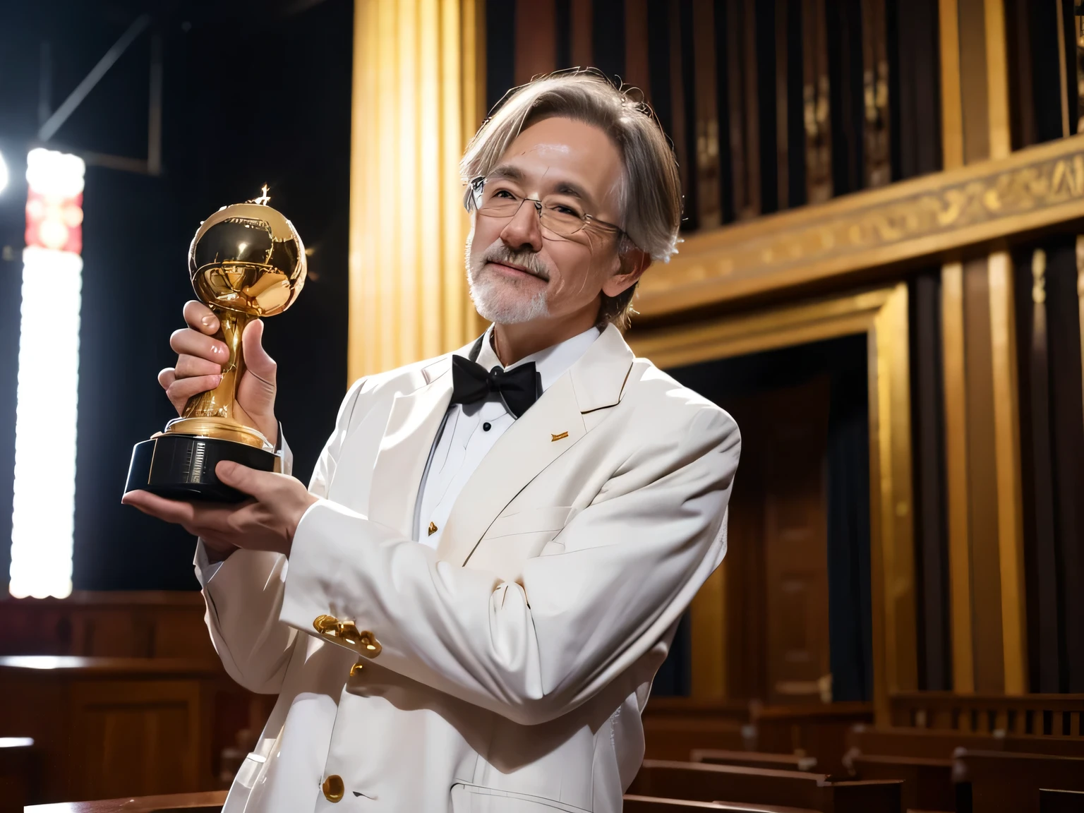 Researcher、White、male、Nobel Prize、stage、Be praised、Holding a trophy