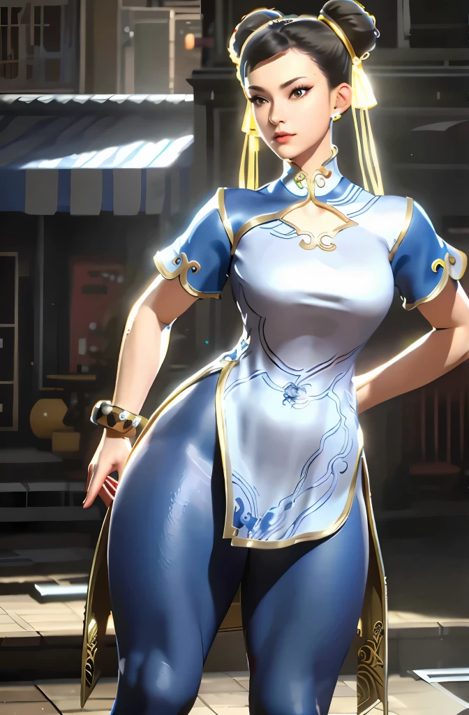 Chun li, protruding ass, waist shot, chinese chlote, white ao dai, blue pant, tight pant,chun li from street fighter vi