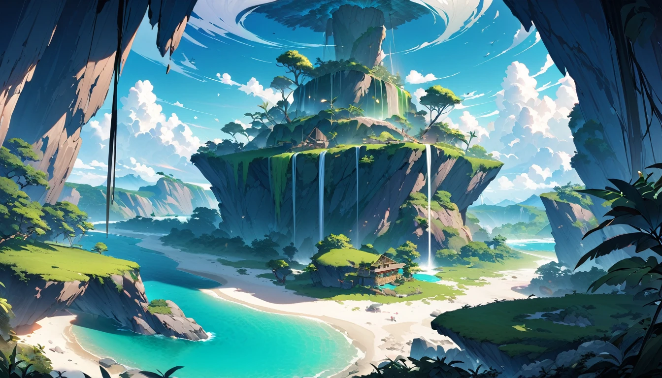 Highest quality:1.2、masterpiece:1.2、Shooting from the sky、Overall shot of the deserted island、Mysterious deserted island、High mountains piercing the clouds、Big waterfall、Mysterious Island、A vast and mysterious small island、An island full of incredible surprises、dreamy wonderland、Emerald Green Sea、White sand beach、A small ecosystem、