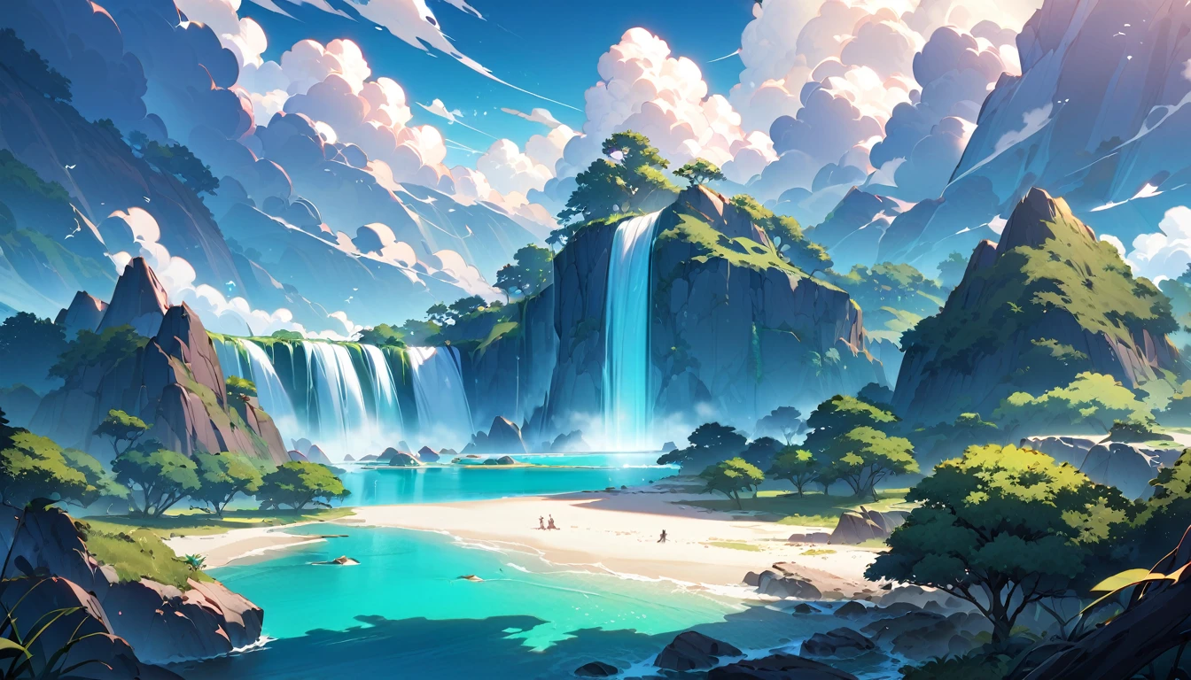 Highest quality:1.2、masterpiece:1.2、Shooting from the sky、Overall shot of the deserted island、Mysterious deserted island、High mountains piercing the clouds、Big waterfall、Mysterious Island、A vast and mysterious small island、An island full of incredible surprises、dreamy wonderland、Emerald Green Sea、White sand beach、A small ecosystem、