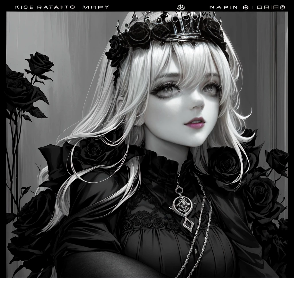 a close up of a woman with a Black top and a Black and white photo, desaturado!!, only Black and white, foto de perfil, tomada a principios de la década de 2020, gothic horror viBes, in Black and white, imagen de perfil, Black and white picture, goth viBe, B&w foto, she is the queen of Black roses