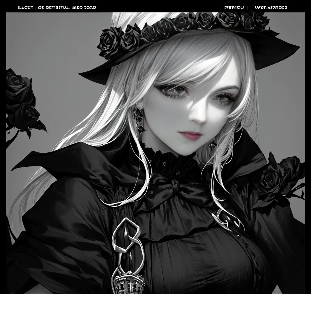 a close up of a woman with a Black top and a Black and white photo, desaturado!!, only Black and white, foto de perfil, tomada a principios de la década de 2020, gothic horror viBes, in Black and white, imagen de perfil, Black and white picture, goth viBe, B&w foto, she is the queen of Black roses