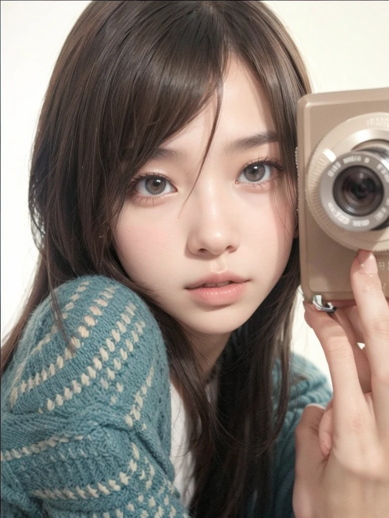 uzzlang girl, straight brown hair, holds a camera.