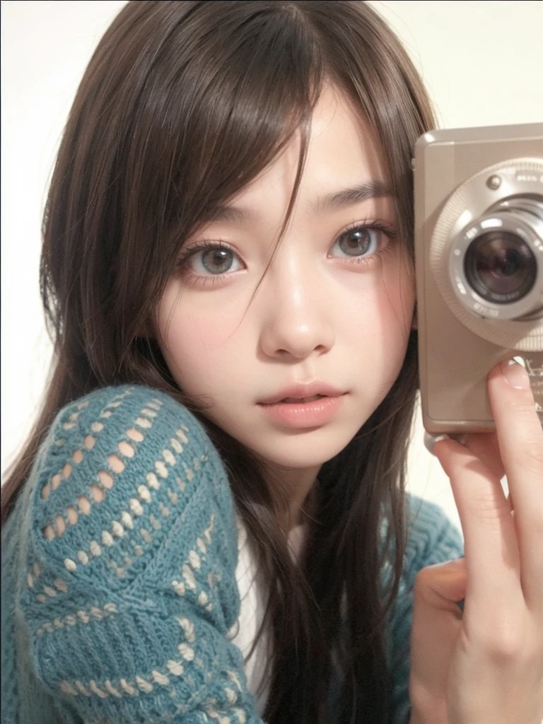 uzzlang girl, straight brown hair, holds a camera.