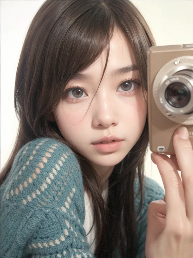 uzzlang girl, straight brown hair, holds a camera.