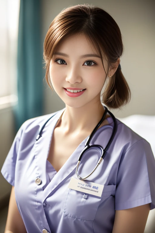 (Ulzzang-6500-v1.1, masterpiece, highest quality:1.3, ultra-detailed 8k:1.2, hyperrealistic:1.35, raw photo:1.2, highest quality, high resolution, wallpaper, realistic, dramatic, realistic painting art by midjourney:1.3, 1 nurse, 28yo, pink nurse uniform, retro hair band, short white tight skirt:1.3, super beautiful, beautiful skin, beautiful and detailed eyes, detailed face, symmatrical face, perfect style, treatment room in a hospital room, cowboy_shot, ample bosom, very detailed face, double eyelid, snaggle-tooth, brown eyes, short ponytail hair, chest strengthening, emphasize body line, friendly smile, beautiful lips, glossy lips, white teeth, bokeh background of the hospital room, perfect lighting, natural soft light)