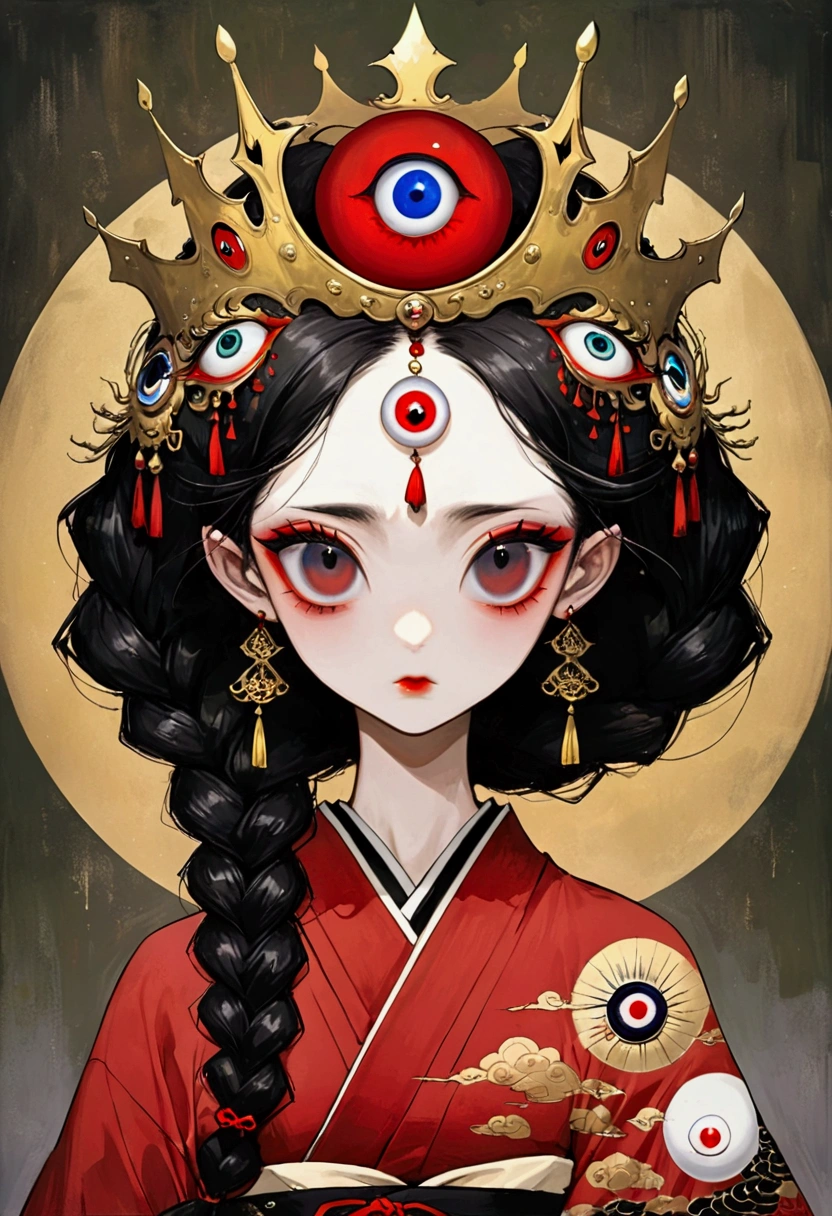 Art Illustration,Dark Style,(((1The princess wears a golden crown on her head - the eyeball decoration on the crown,Double braid,独奏,third eye on the forehead,big eyes,Dark eyeshadow))),(((Gorgeous Japanese red kimono:1.6,Eye Diagram,Dark Pattern))).(((Thin waist,Greenbelt:1.37)))whole body