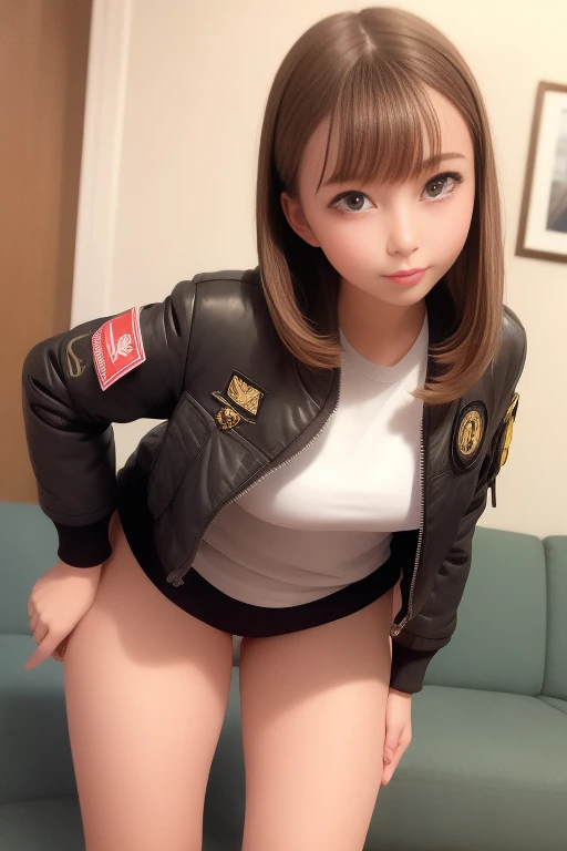 One girl, (Pulling on panties, Take off),Leaning forward, Open Flight Jacket,, masterpiece, Highest quality, Very detailed