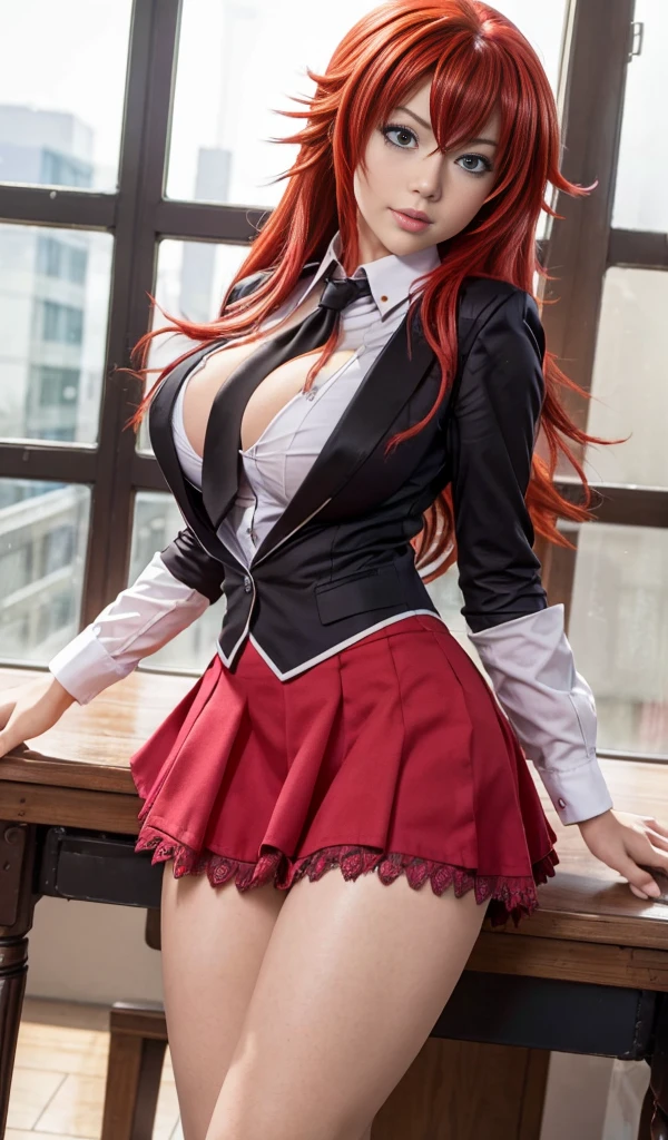 (best quality, masterpiece, colorful, highest detailed), ((photorealistic:1.2)) , raw photo, ((rias gremory)),sexy, big breasts, in classroom,, mini skirt,unbottoned shirt, (vibrant color), (intricate details), dynamic angle