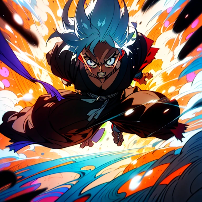 japanese man, white hair, yellow eyes, red eyeliner, torn japanese dameged kimono, monk pose, background light particles, hyper detailed, 8k, masterpiece, digital painting, cinematic lighting, dramatic, fantasy, moody, rosto em hd, peitoral a mostra, musculos, dragon ball, luffy, GT, ssj4
