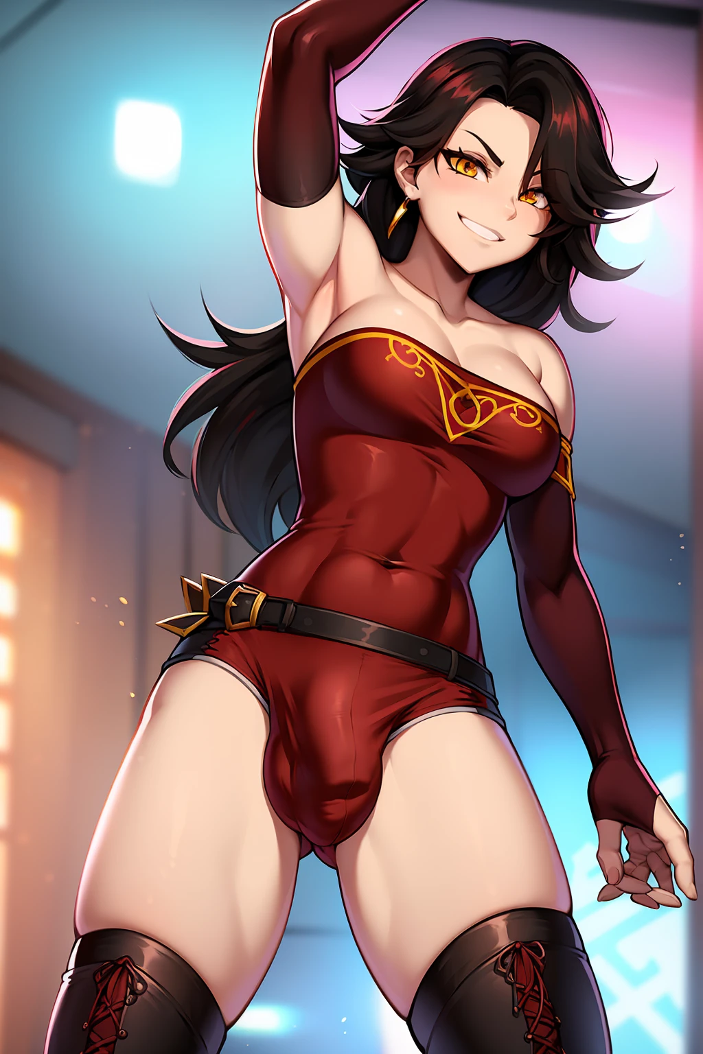(masterpiece, best quality:1.2), cowboy shot, solo, 1girl, cinder fall wearing a red tube top with black shorts and thigh high boots, evil smile, looking at viewer, long hair, red dress, elbow gloves, in busy nightclub, (crotch bulge:1.3),