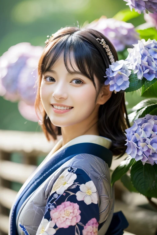 (Light makeup)、(top-quality,masterpiece:1.3,超A high resolution,),(Ultra-detail,Caustics),(Photorealsitic:1.4,RAW shooting,)Ultra-realistic capture,(32k,high detal,high-detail、masterpiece,Attention to detail,full body Esbian,solo,Lori:1.6),Raw photo & realistic atmosphere,beautiful dark blue eyes,Detailed mouth,Glossy lips,Detailed eyebrows,Eyes drawn in detail with soft white skin that shines with every detail)、、 (Skin texture is natural、、The skin looks healthy with an even tone、 Use natural light and color, japanese, A dark-haired, long hair,(depth of fields、realisitic、8K UHD、hight resolution、(1girl in:1.2)、The ultra-detailliert、High quality textures、very detailed CG、High quality shadows, A dark-haired、Kyo-Yuzen、blue Kimono、park background , (Super cute face in idol style:1.4)、slim and beautiful figure、beutiful breast、A smile、full body Esbian:1.2、raining day, wet background, a Japanese woman in kimono, 20 years old, (hydrangeas flower tunnel), standing beside flower, warm lighting